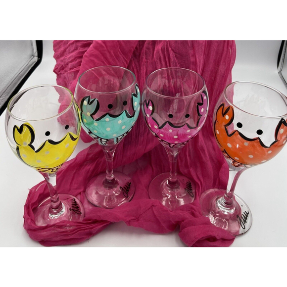Hand Painted Crab Wine Glasses Set 4 Beach Bar Wear Signed Terri - Picture 2 of 6